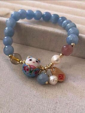 1 Piece Of Blue Crystal Ceramic Cat Pendant, Bracelet